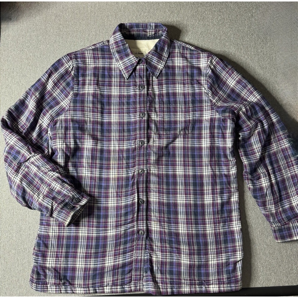 Lands End Women's Purple, White And Black Plaid Fleece Lined Shirt Size Large